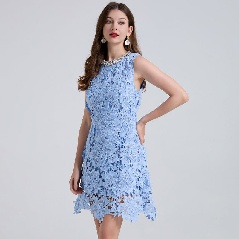Retro blue diamond hollow three-dimensional lace temperament thin high-end dress short skirt temperament dress skirt