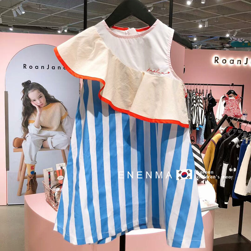 VLOVELAW South Korea Children's Clothing Summer New Girls' Large Lapel Striped Dress Children's Little Girl Sleeveless Princess Dress