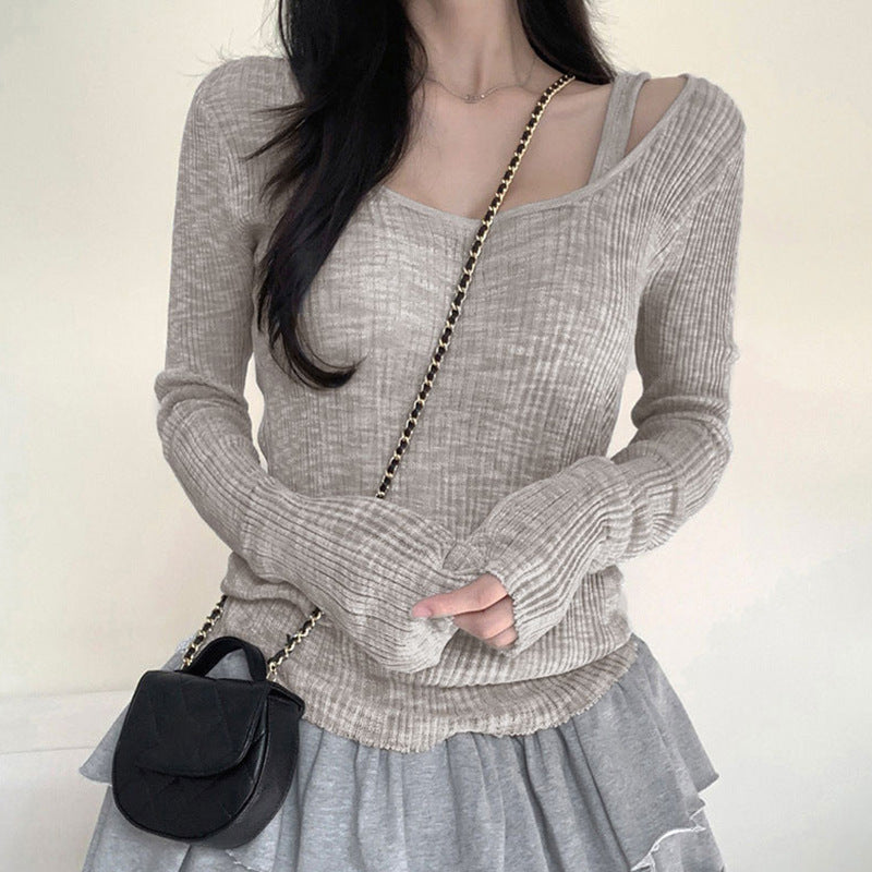 VLOVELAW Simple Style Two-Piece Knitted Sunken Stripe T-shirt Women's Autumn European and American Solid Color Top Ins New Bottoming Shirt
