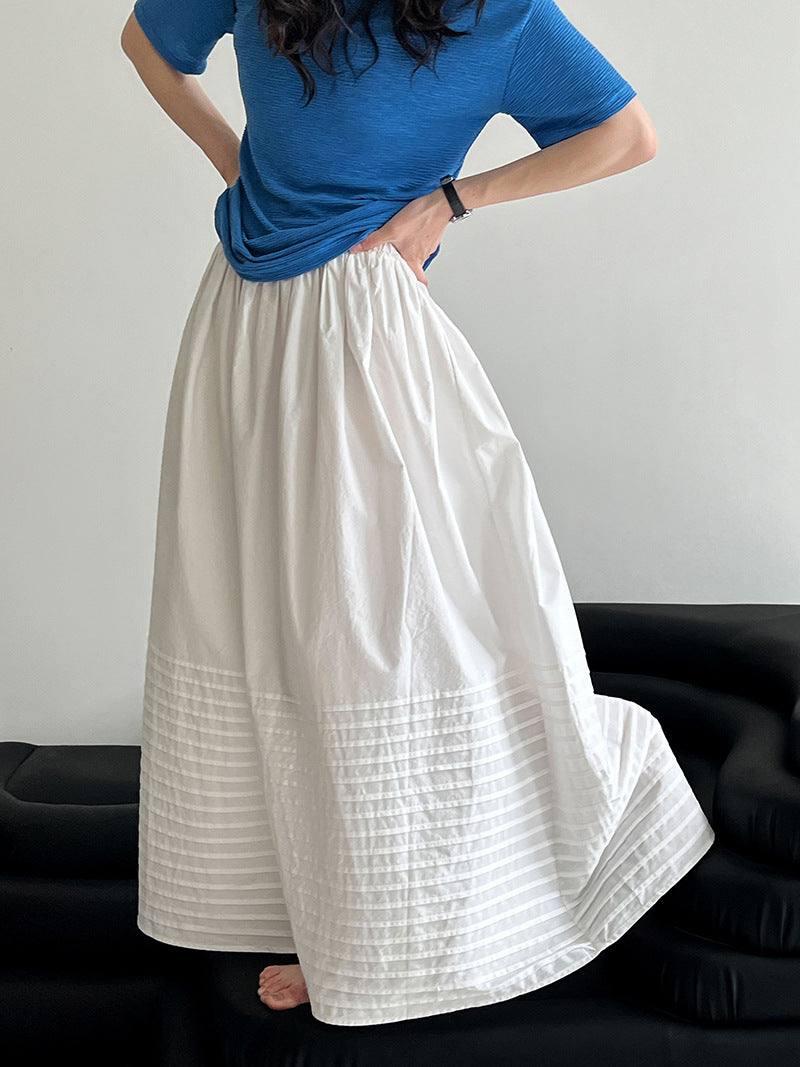 Luxi, Korean simple straight striped pleated skirt for women's summer new heavy industry high-waisted A-shaped umbrella skirt 3591
