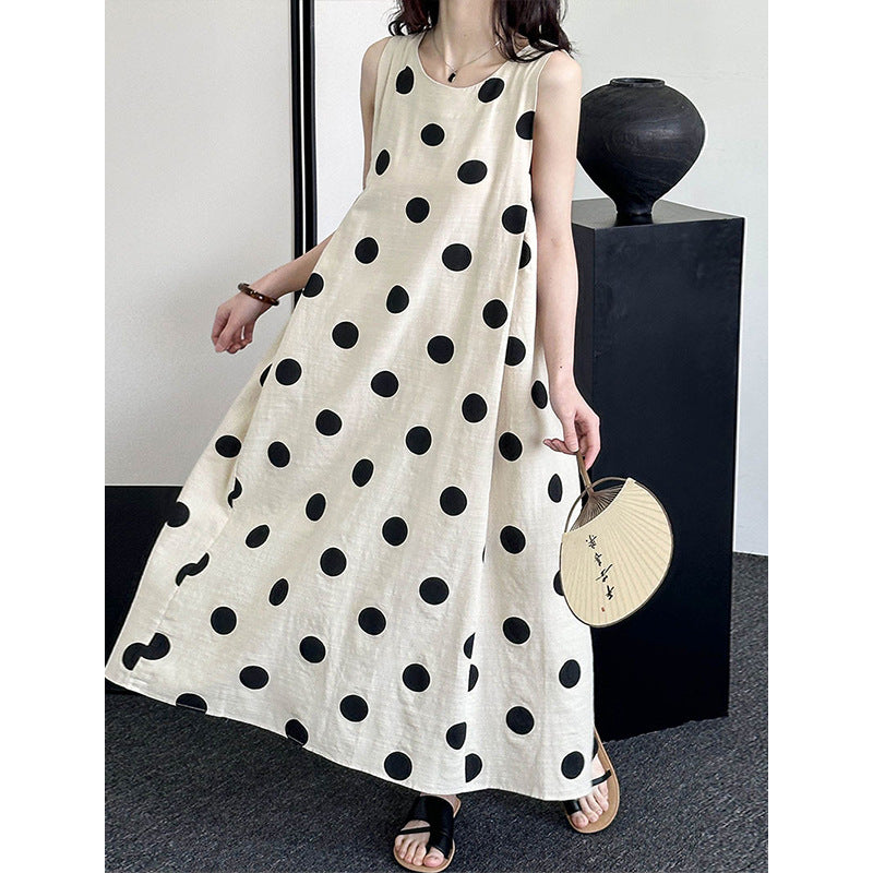 2025 Tachibana spring and summer new sleeveless dress women's Korean round neck polka dot temperament age-reducing skirt 12006