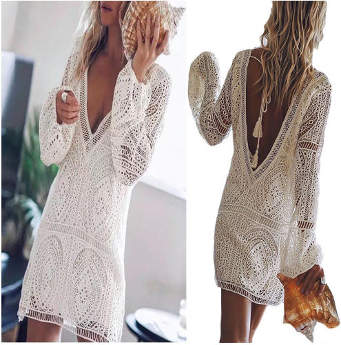 VLOVELAW European and American Summer Foreign Trade New Women's Clothing Dress EBay Sexy Deep V Long Sleeve Beach Dress