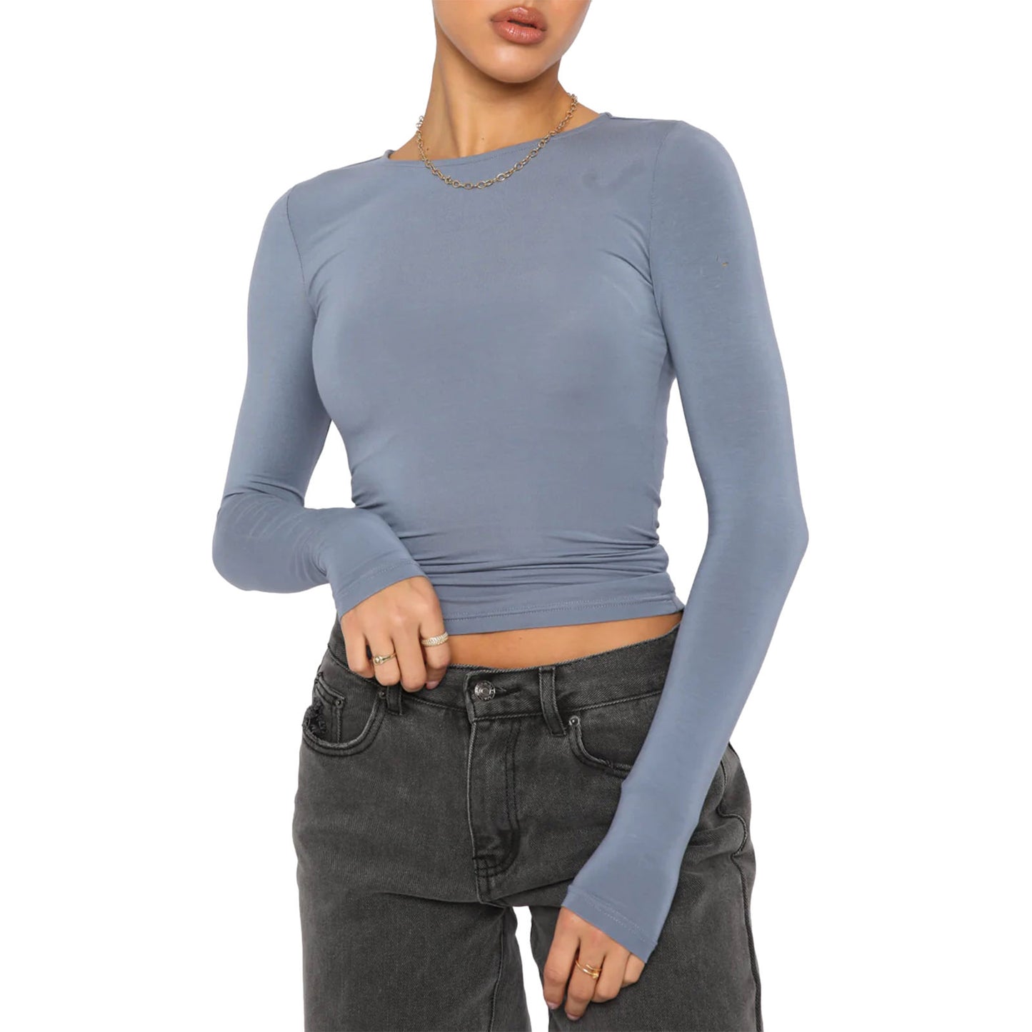 VLOVELAW European and American Women's Clothing Casual Long Sleeve T-shirt Spring and Autumn Solid Color Slim Pullover T-shirt Women's Street Wear Bottoming Shirt Top