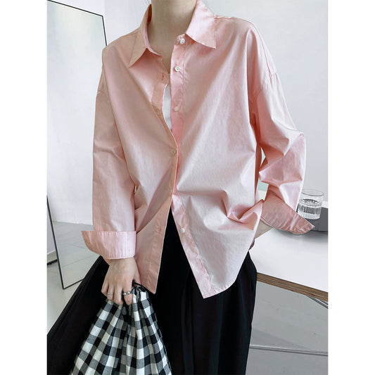 Luxi, spring new 60 cotton solid color long-sleeved shirt women's simple loose outer stacked casual shirt 319