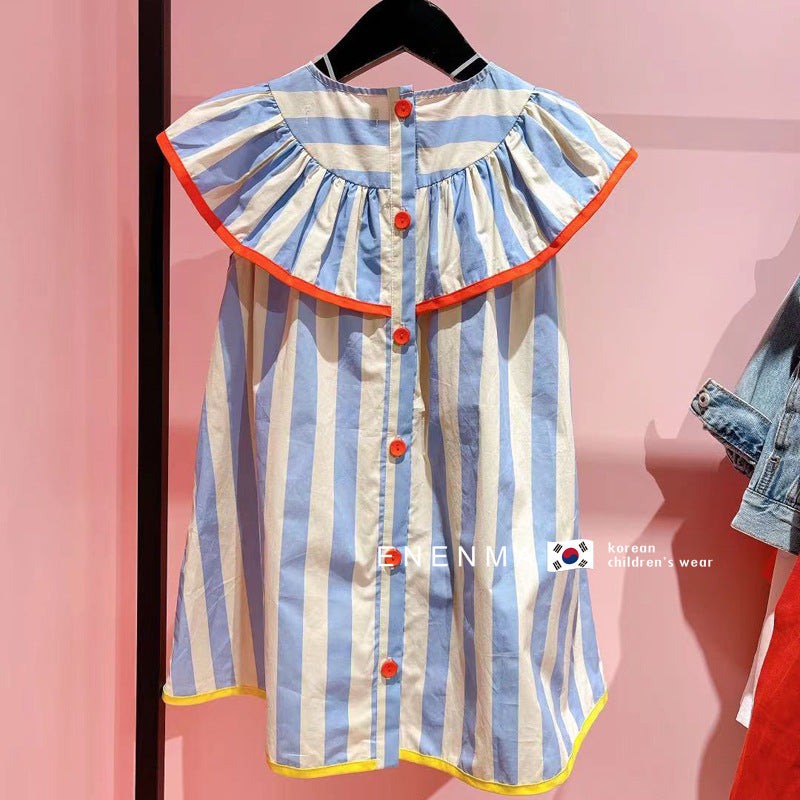 VLOVELAW South Korea Children's Clothing Summer New Girls' Large Lapel Striped Dress Children's Little Girl Sleeveless Princess Dress