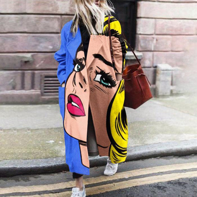 New autumn Popular trade women's clothing ebay new long-sleeved lapel jacket printed woolen coat