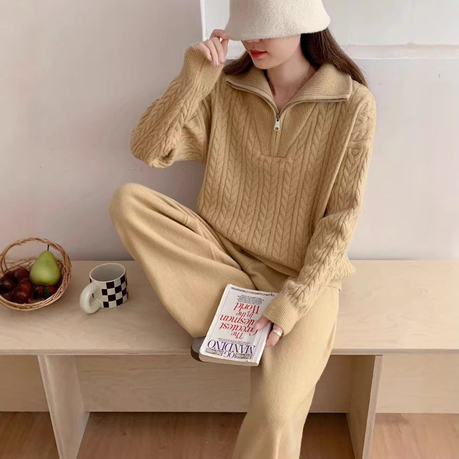 VLOVELAW Cross-border twist half-zipper lapel pullover sweater women's New autumn and winter new loose-knit casual pants two-piece set