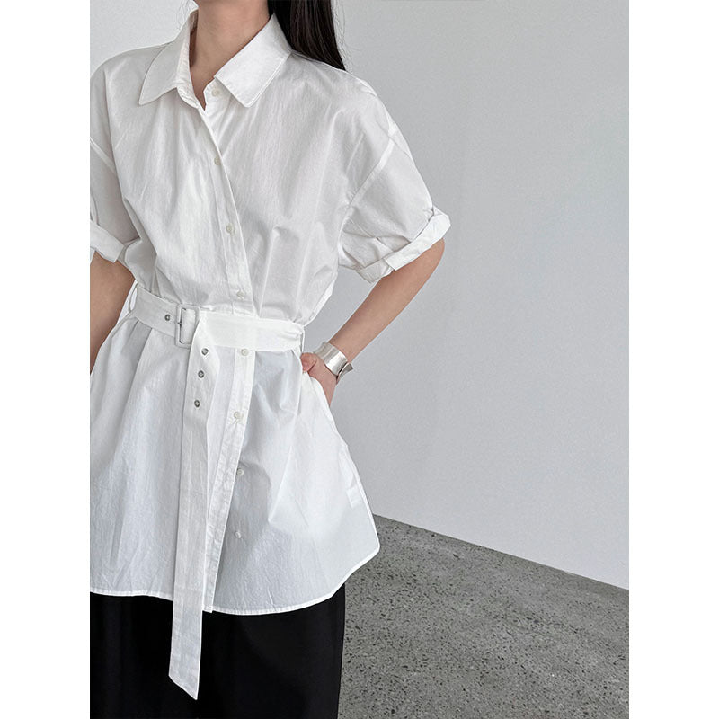 Luxi Korean niche design belt shirt women's summer new buckle loop strap waist short-sleeved top 8745