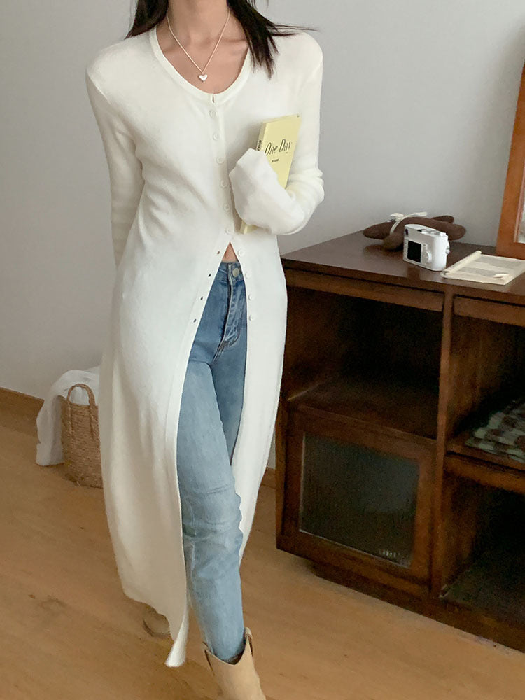 VLOVELAW Early autumn versatile solid color high split fork women's U-neck slim and thin knitted cardigan temperament long coat long sleeve top