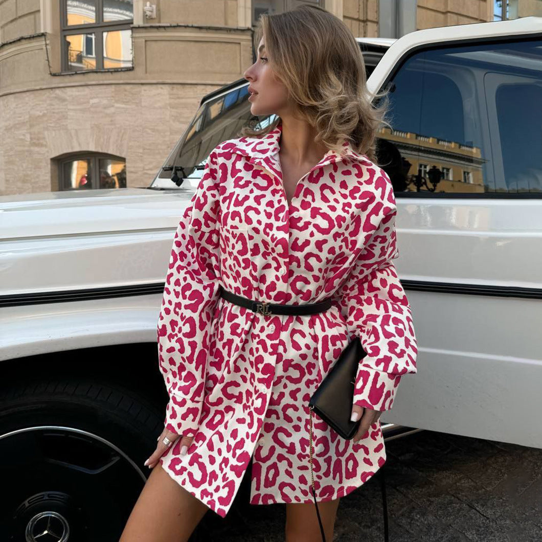 high street design sense animal pattern printing Spice Girl women's shirt spring new style long cardigan top