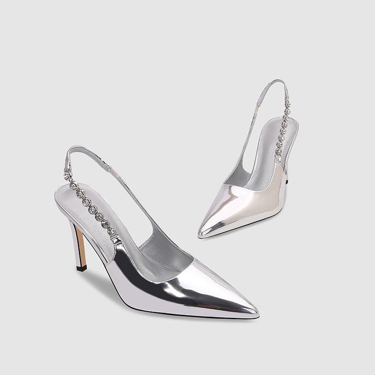 VLOVELAW Silver Wedding Shoes Pointed Toe Rhinestone Back Empty High Heels Spring and Summer New Toe Cap Stilettos Chain Sexy All-Matching Women's Sandals
