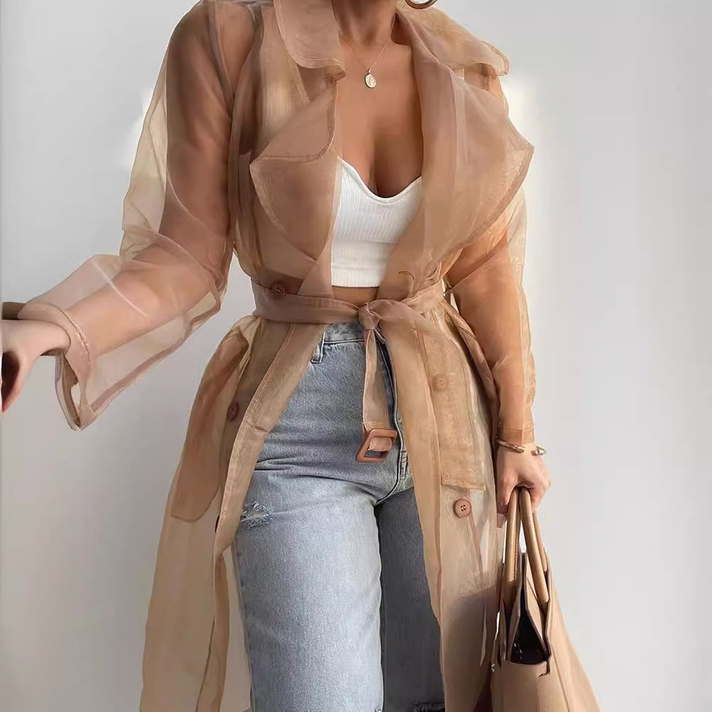VLOVELAW 5813# Spring and Summer Solid Color Loose Thin Lantern Sleeve Cardigan Mid-Length Shirt Coat