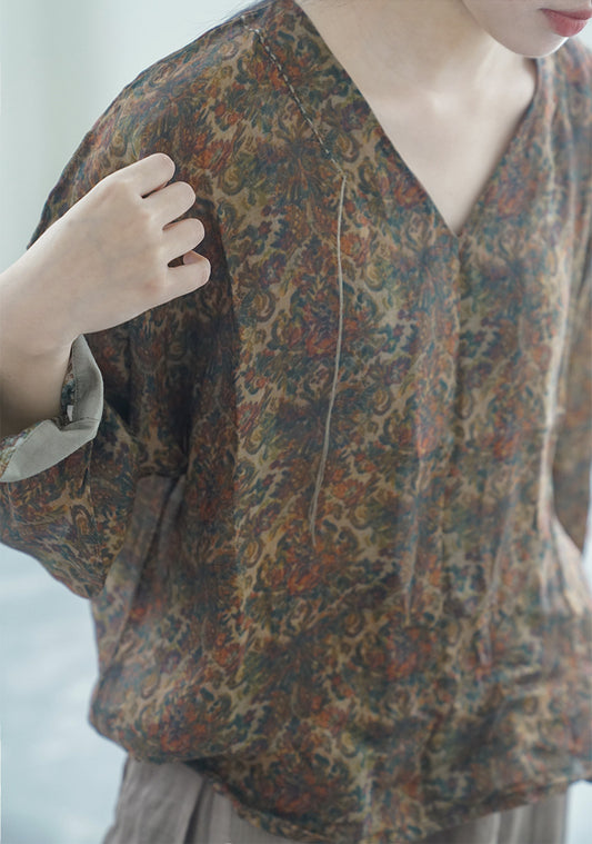 retro V-neck ramie pullover shirt, national style classical printing Song cool top S22208