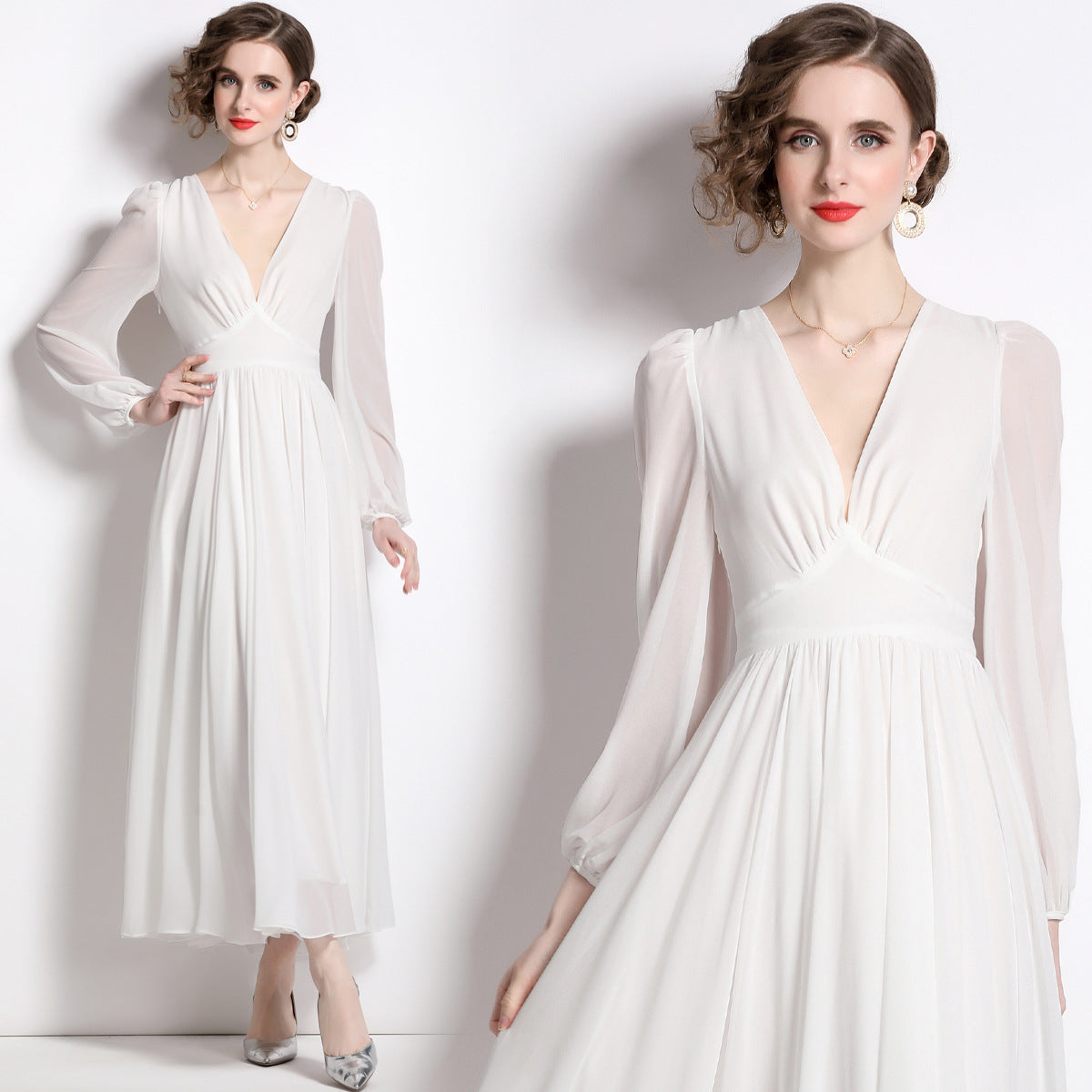 court retro style thin white dress V-neck long dress chic sweet and spicy skirt fairy dress