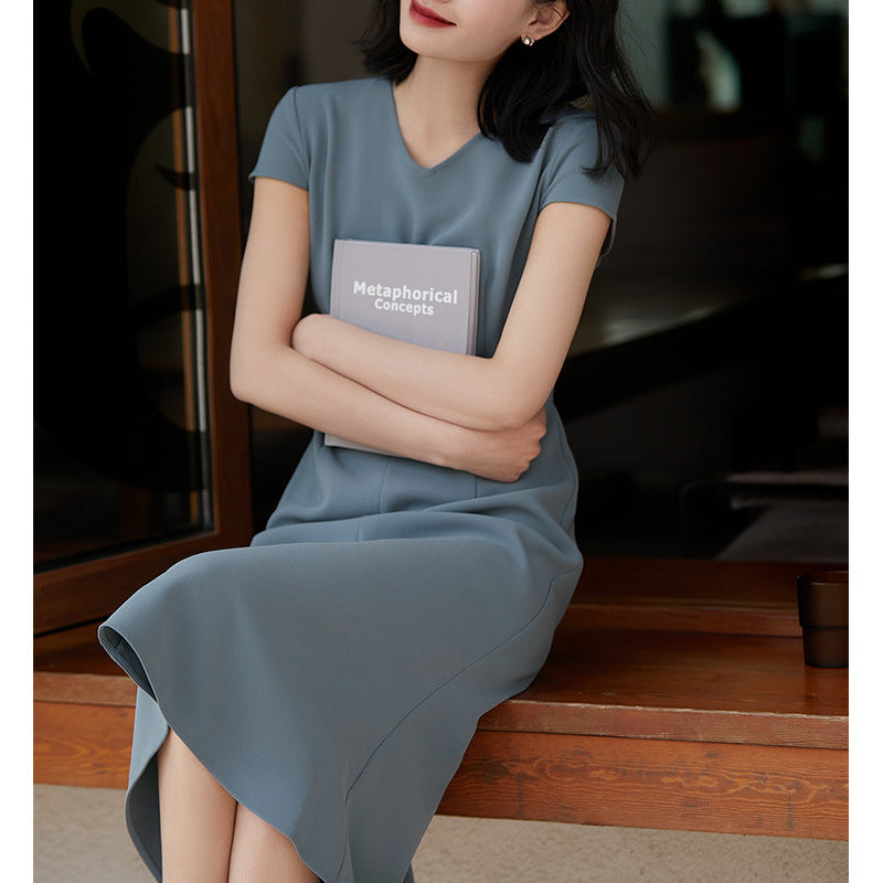 2025 Triacetic acid fishtail skirt, thousand gold waist dress V-neck medium and long Hangzhou four-season green women's clothing spring and summer
