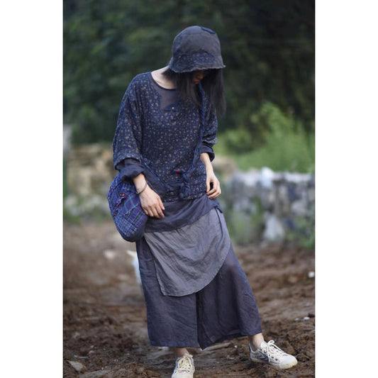 2025    21/7 Xiaoqi, early autumn new literary and retro double-layer cotton printing loose round neck half-open pullover short shirt