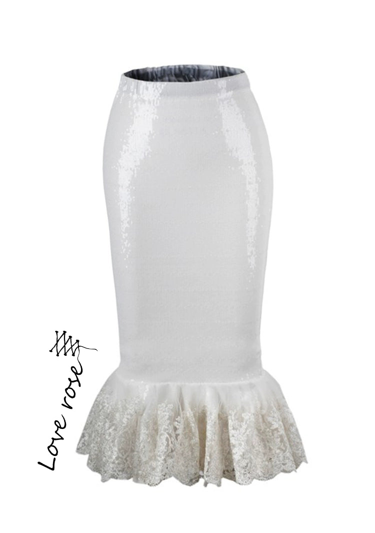 original design, white sequined hip-wrapped fishtail skirt, retro tight skirt with ruffle edge
