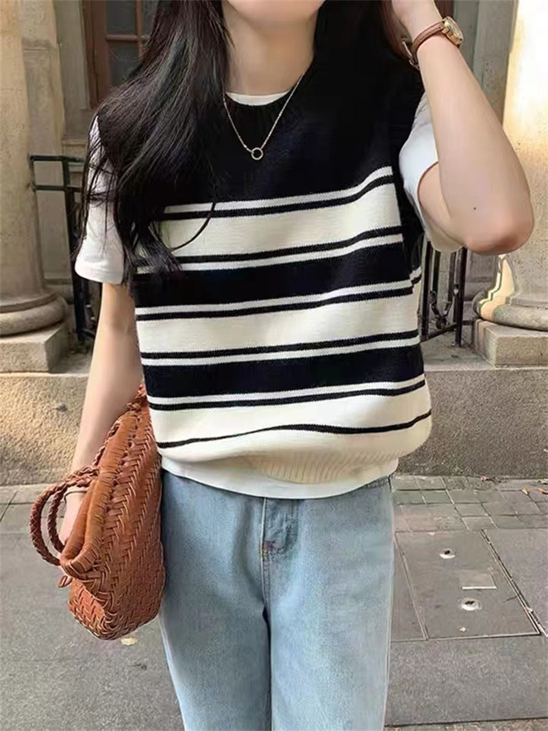 VLOVELAW Contrasting striped knitted sweater vest new stacked college casual loose and thin sleeveless sweater vest vest women