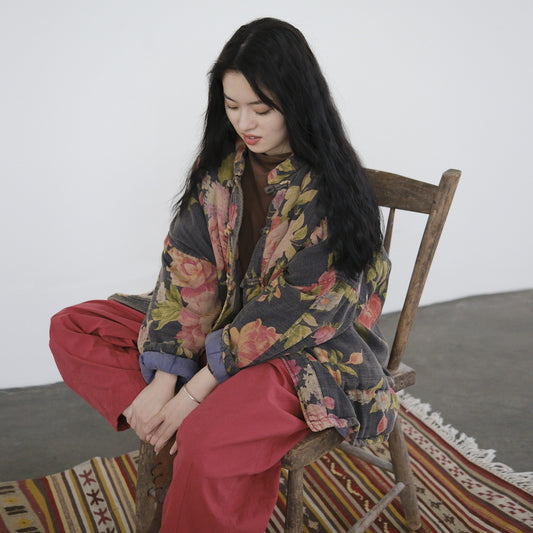 old retro printed loose cotton-padded clothes, heavy industry washed national comfortable casual thickened jacket M22338