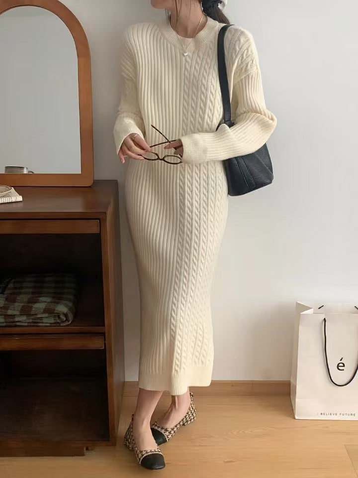 VLOVELAW retro crew neck twist knitted dress women's autumn and winter loose with coat sweater skirt with bottom long dress