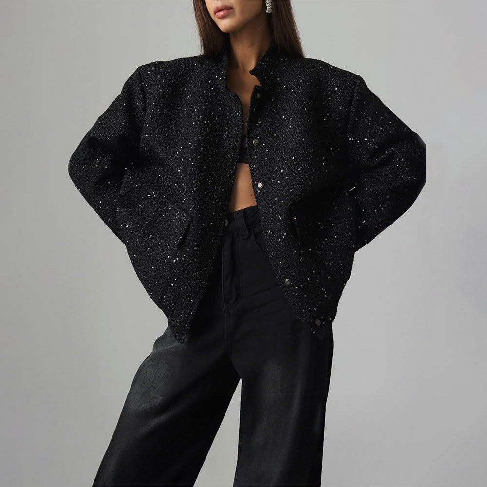 KKBOXLY Cross-border gold silk bead jacket Europe and America New new INS new fashion sequined stand-up collar loose jacket
