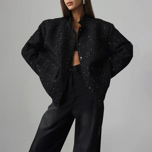 KKBOXLY Cross-border gold silk bead jacket Europe and America New new INS new fashion sequined stand-up collar loose jacket