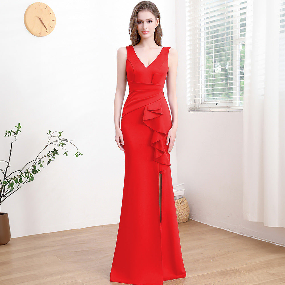 2025 Evening dress skirt, female banquet temperament, celebrity style, high-end side split fork, usually can wear thin sleeveless long dress
