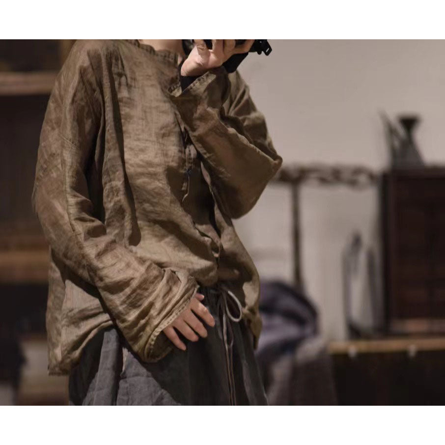 2025 23/3 Xiaochu, inner literary and retro light and thin ramie loose shoulder crew neck button-down shirt