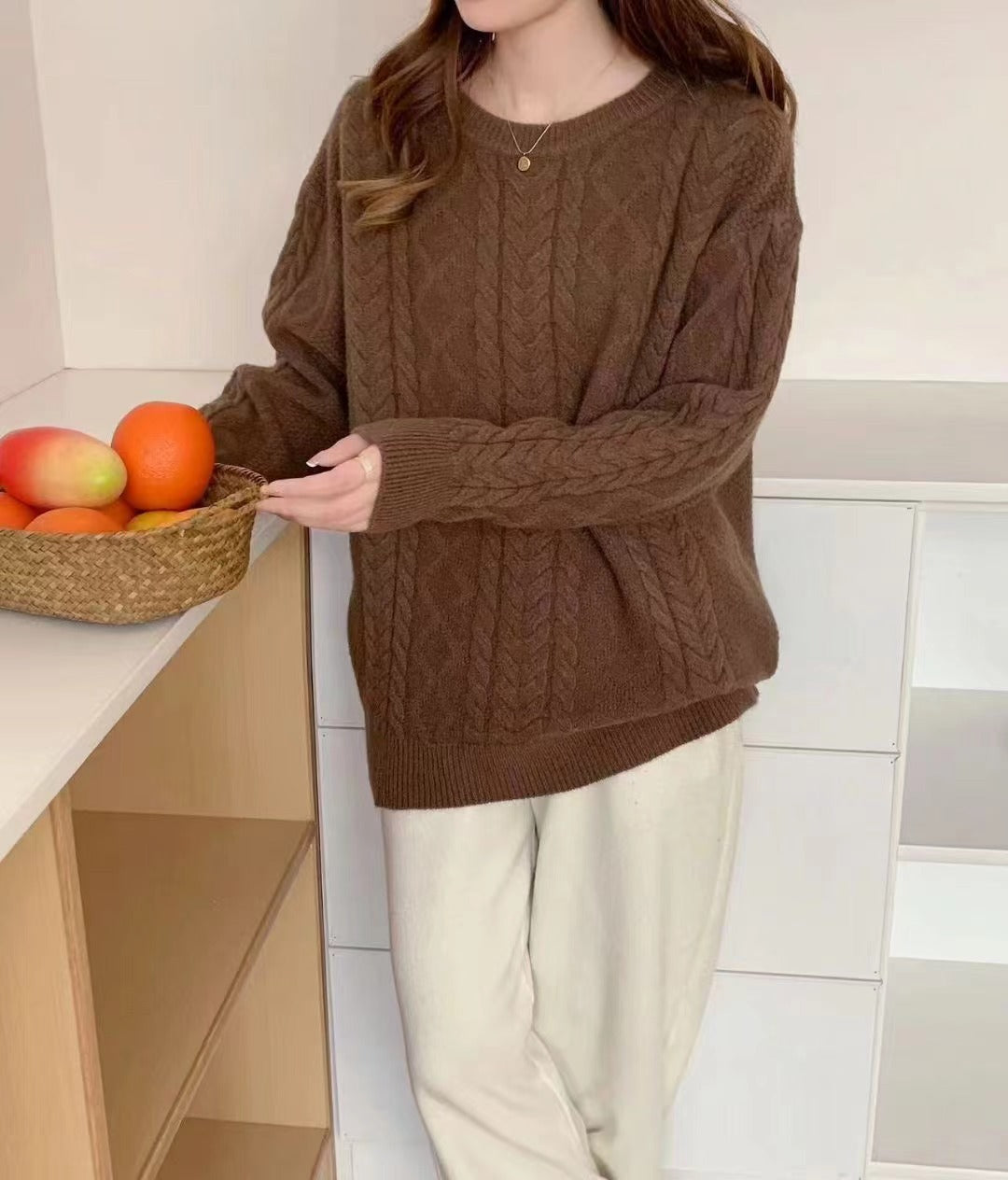 VLOVELAW New autumn and winter new solid color casual loose lazy style round neck fashion versatile knitted pullover sweater top women