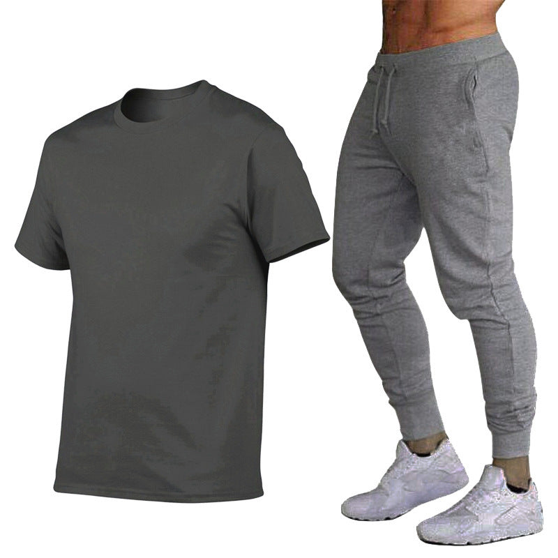 VLOVELAW Summer Men's Solid Color Simple Set Crew Neck Cotton T-Shirt + Trousers Fashion Hundred. Match Two-piece Set