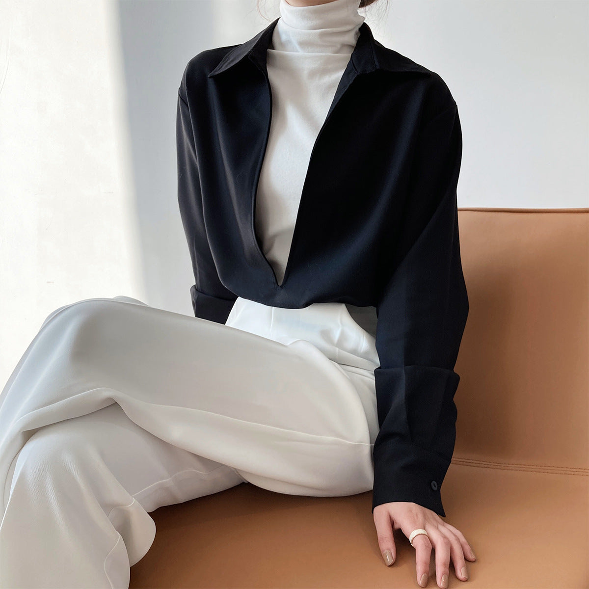Luxi spring new design sense light ripe long-sleeved V-neck shirt women's fashion overlay top 677