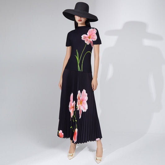 2025 Popular trade explosive suit women's clothing summer new printed T-shirt top short-sleeved long skirt two-piece set