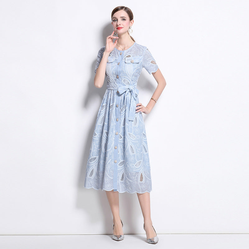 Summer retro heavy industry hollow embroidery round neck waist short sleeve dress women's thin single-breasted long skirt