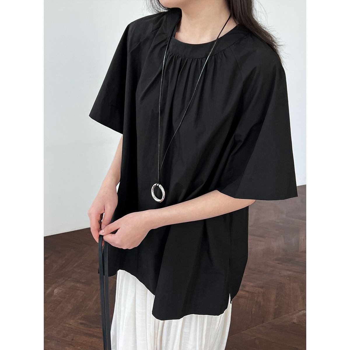 Luxi Korean version back hollow short-sleeved shirt women's summer new lazy wind loose backless shirt top 9733