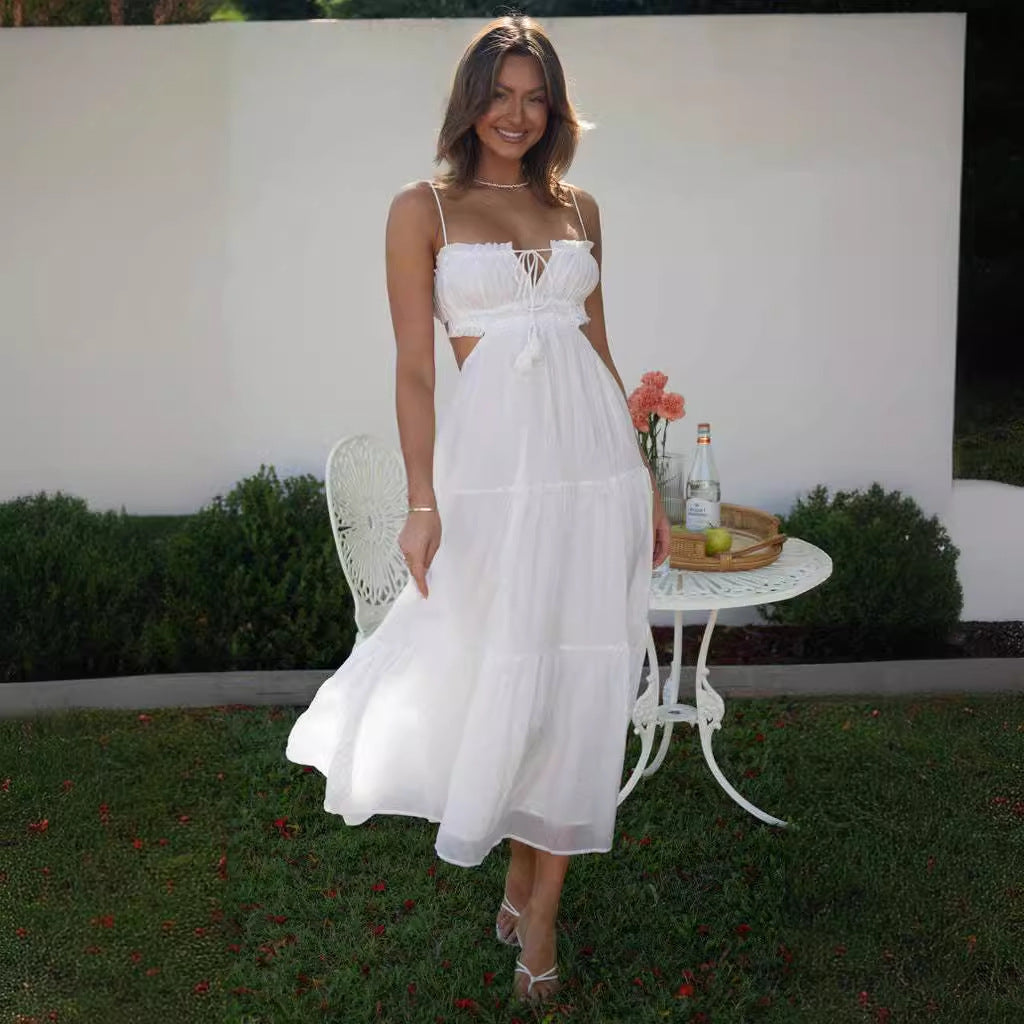 VLOVELAW Summer New Women's Cross-Border European and American Temperament Camisole Sexy Cutout Long Dress Backless Stitching Large Swing Dress