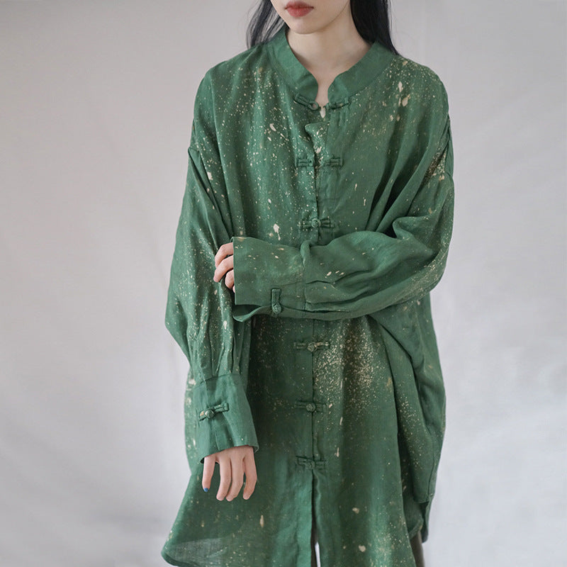 retro art splash ink printing linen Chinese loose coat, Guochao placket silhouette shirt S22293