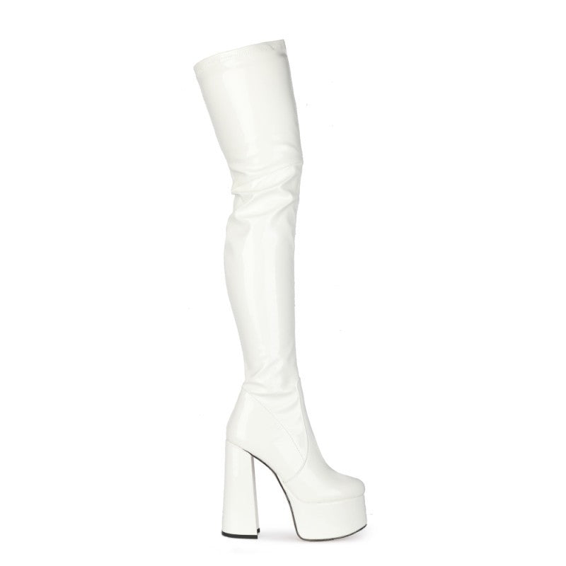 Cross-Border Foreign Trade Fashion New Chunky Heel Waterproof Platform Patent Leather round Toe High Heel White over-the-Knee Boots plus Size Women's Boots 45