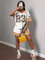 new New fashion retro street printing loose casual V-neck short-sleeved top shorts sports suit