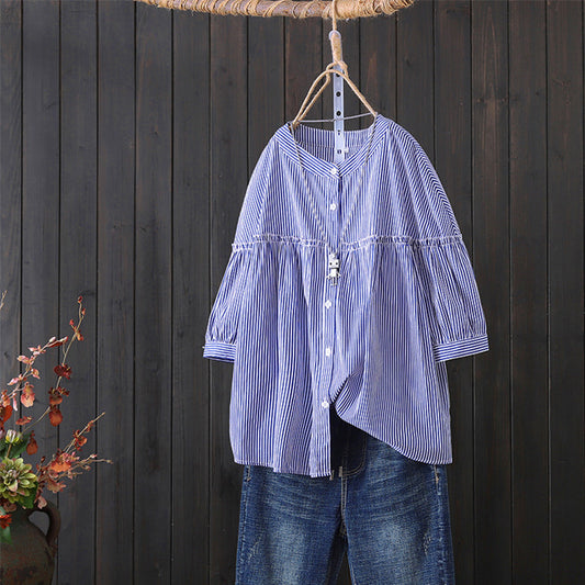 direct sales blue striped pure cotton shirt women's five-quarter sleeve summer wear new loose pure cotton top design shirt