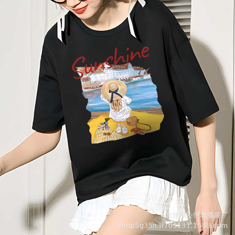 VLOVELAW Summer Women's Cotton Short-Sleeved T-shirts Women's New Versatile Simple Style Loose Half-Sleeve Top Ins Trendy White