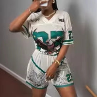 new New fashion retro street printing loose casual V-neck short-sleeved top shorts sports suit