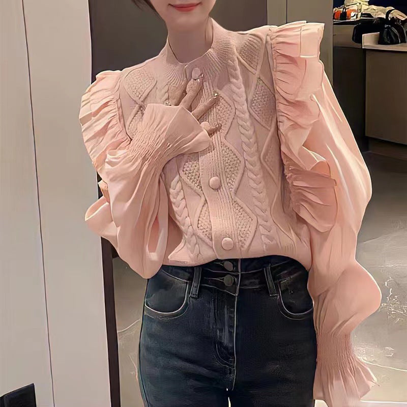 VLOVELAW mesh top splicing bubble sleeve knitted cardigan women's spring new design sense age reduction gentle wind