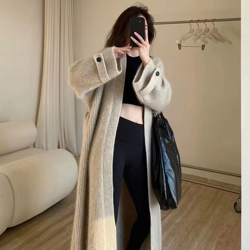 VLOVELAW medium and long sweater knitted cardigan women's coat autumn and winter lazy wind soft waxy loose coat European coat women