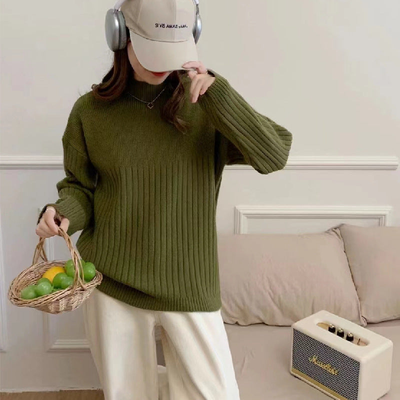 VLOVELAW Casual style knitted bottoming sweater women's New autumn and winter new loose solid color pit strip semi-turtleneck knitted sweater top