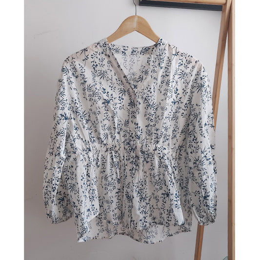 direct sales blue and white porcelain floral shirt women's long sleeves popular spring clothes new V-neck loose top pure cotton shirt
