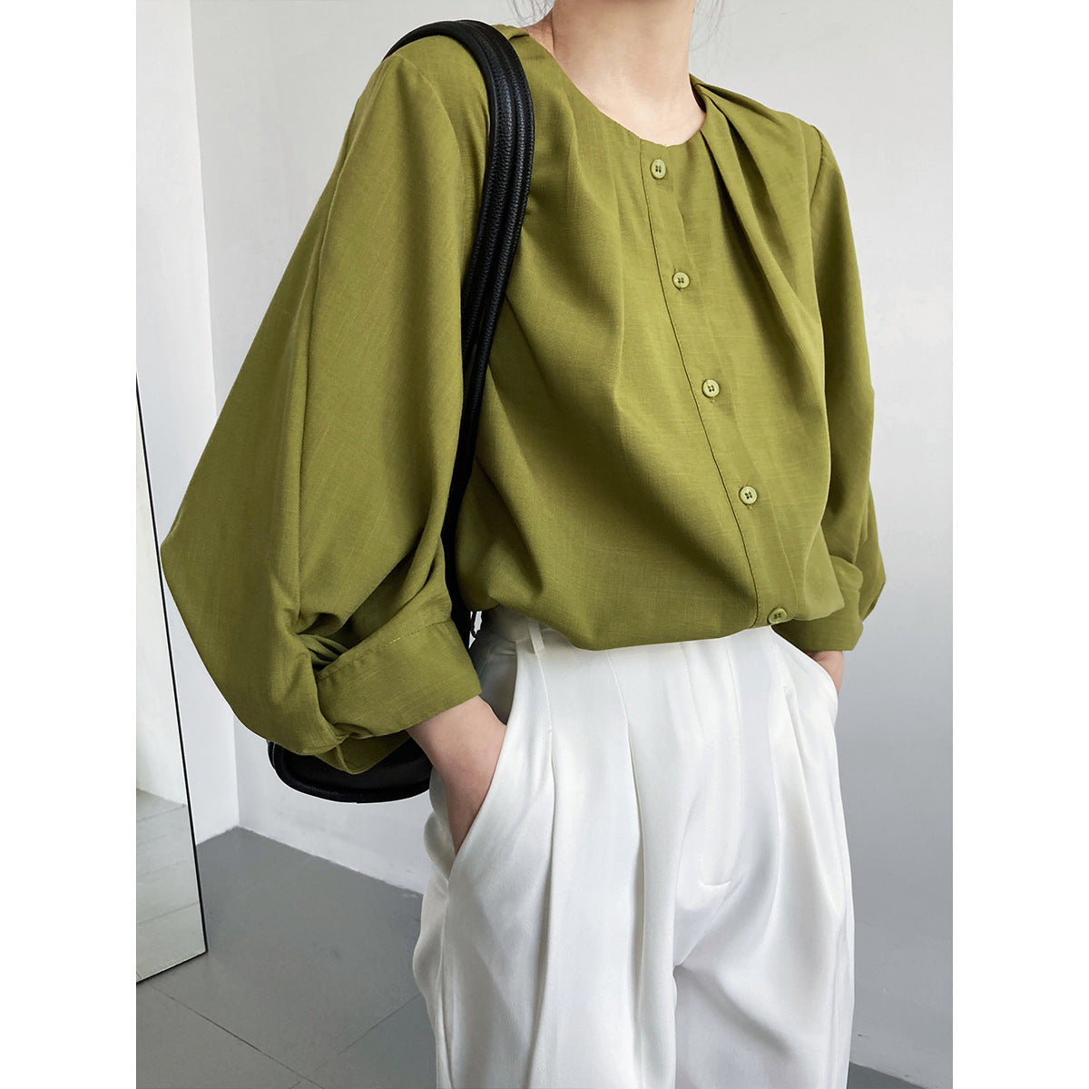 Luxi cotton and linen texture lantern sleeve shirt women's popular spring clothing new design sense seven-quarter sleeve chic top 3389