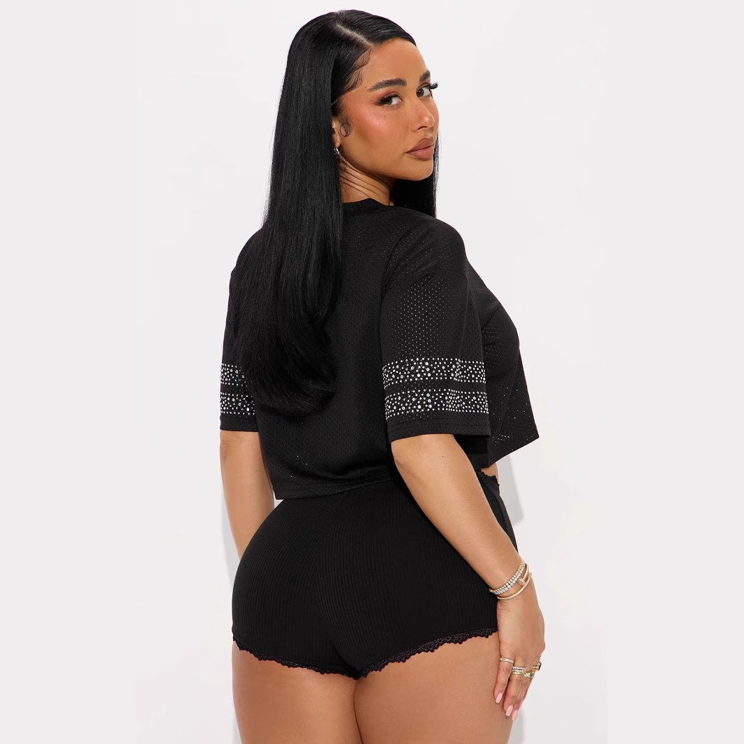 summer new New personalized fashion diamond-encrusted printing V-neck short loose women's T-shirt