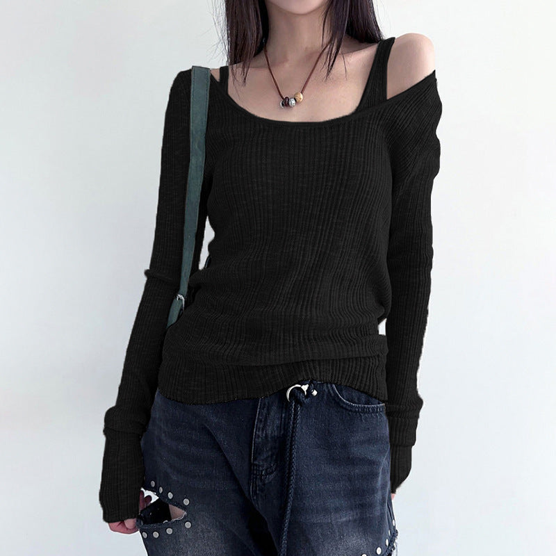 VLOVELAW Simple Style Two-Piece Knitted Sunken Stripe T-shirt Women's Autumn European and American Solid Color Top Ins New Bottoming Shirt