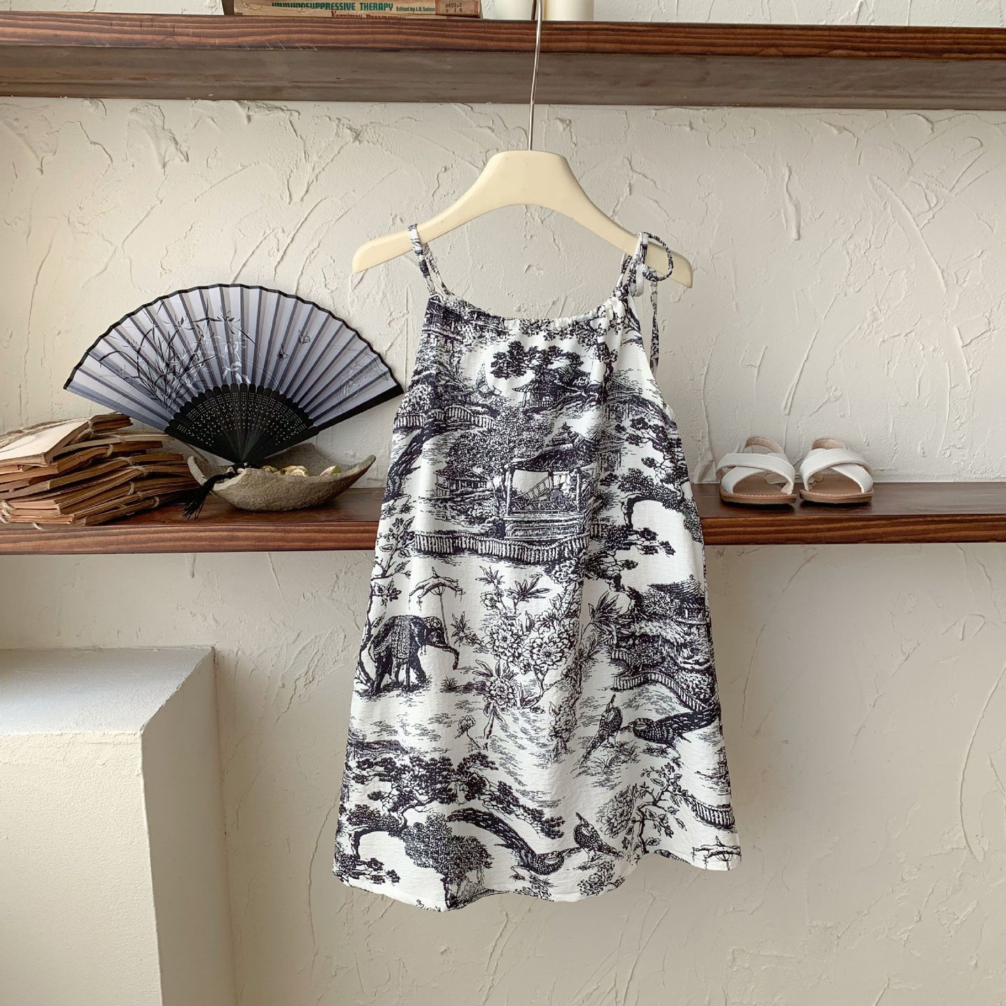 VLOVELAW Summer New Girls' Dress Children's Chinese Style Ink Painting Western Style Suspender Skirt Thin Breathable Beach Princess Dress