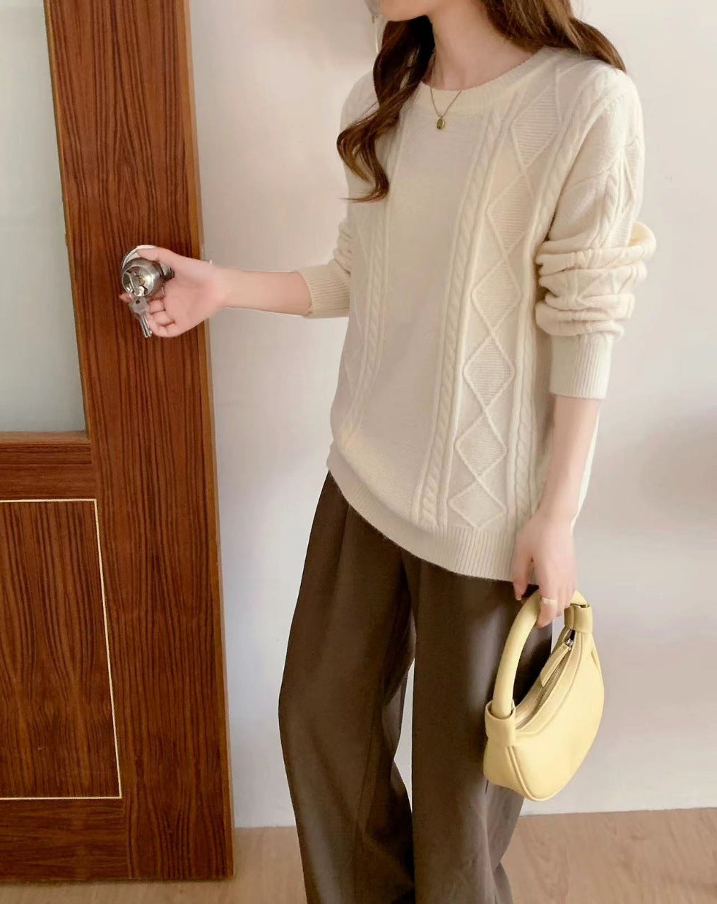 VLOVELAW New autumn and winter new women's clothing loose round neck pullover sweater women's rhombus lazy wind long-sleeved knitted sweater women's top